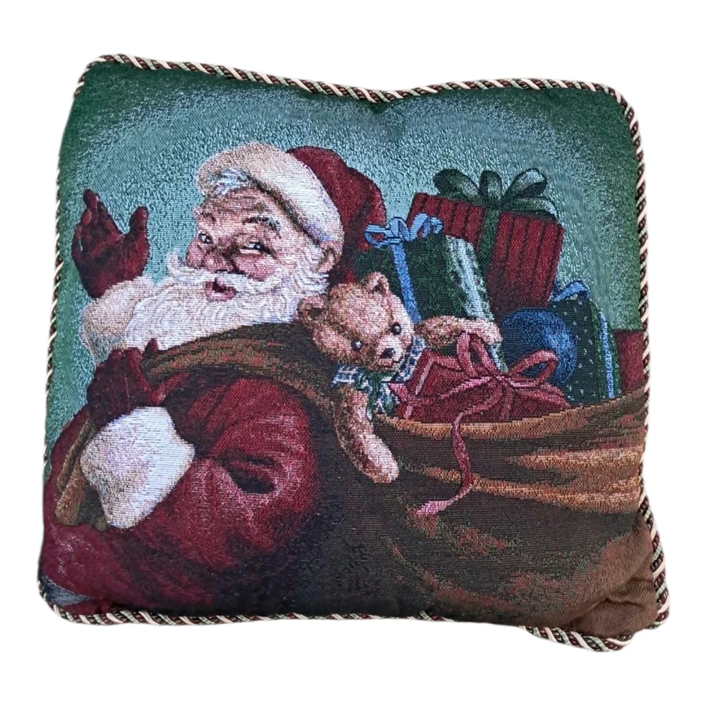 ​Vtg Christmas Santa Claus Tapestry Throw Pillow Cushion w/ Teddy Bear & Gifts